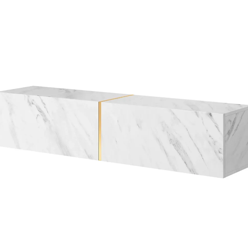 Meuble TV suspendu en aspect marbre blanc et doré 140 cm BISIRA