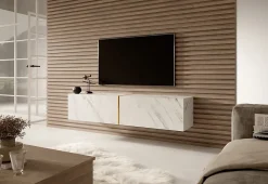 Meuble TV suspendu en aspect marbre blanc et doré 140 cm BISIRA