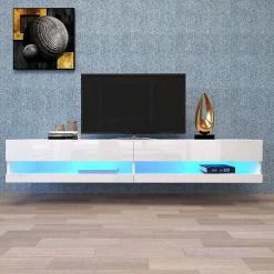 Meuble TV Suspendu en Marbre, LED avec Rangement, 140 x 40 x 30,5 cm, Blanc, MDF