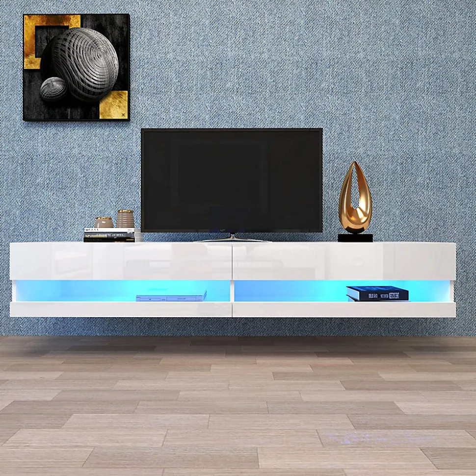 Meuble TV Suspendu en Marbre, LED avec Rangement, 140 x 40 x 30,5 cm, Blanc, MDF