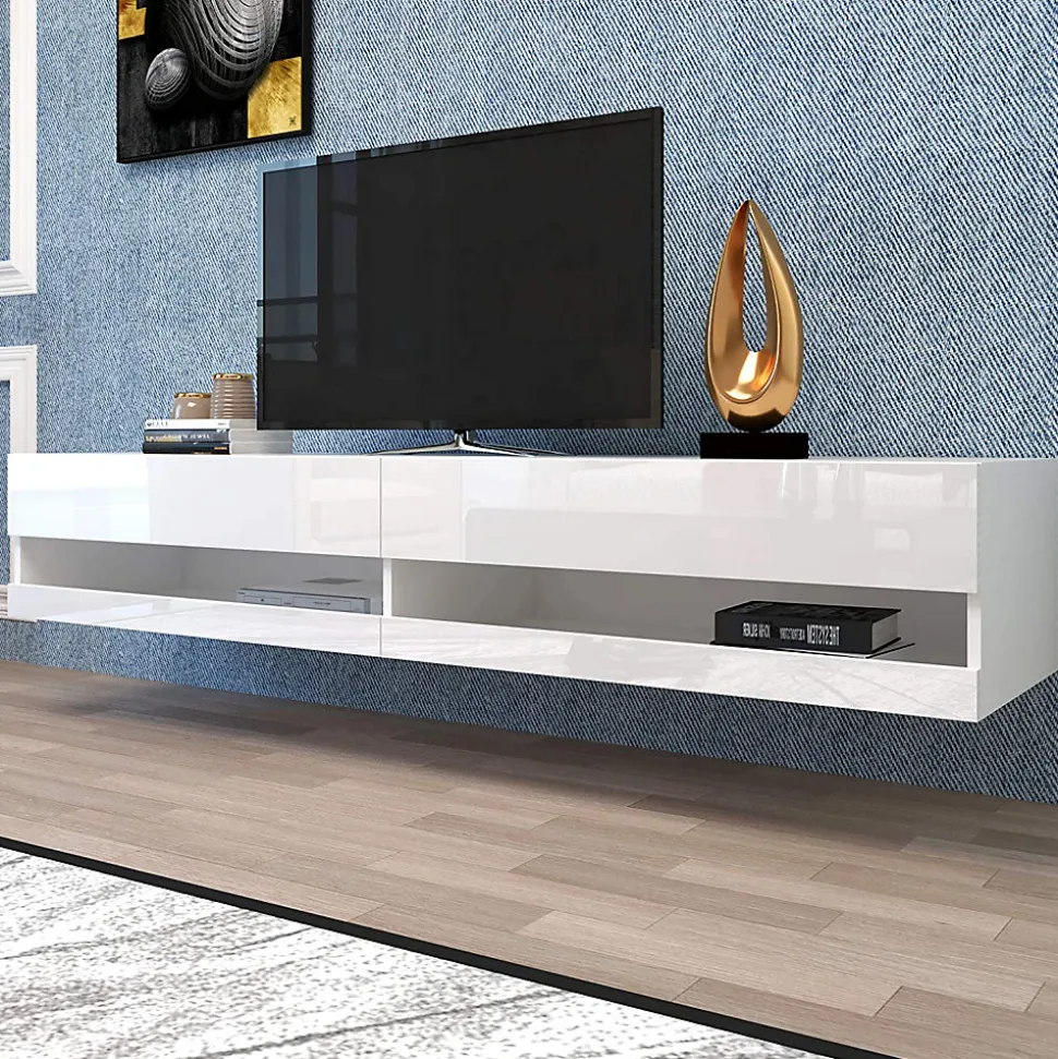Meuble TV Suspendu en Marbre, LED avec Rangement, 140 x 40 x 30,5 cm, Blanc, MDF