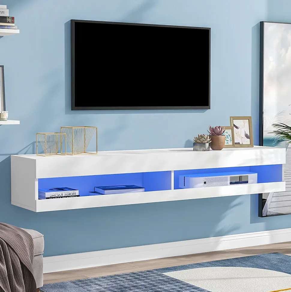 Meuble TV Suspendu en Marbre, LED avec Rangement, 140 x 40 x 30,5 cm, Blanc, MDF