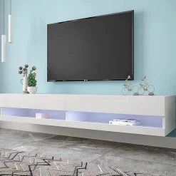 Meuble TV Suspendu en Marbre, LED avec Rangement, 140 x 40 x 30,5 cm, Blanc, MDF