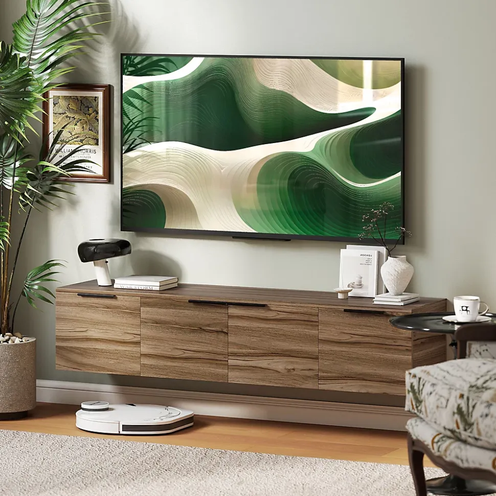 Meuble TV suspendu flottant design effet bois de noyer 4 portes 2 étagères dim. 150 x 35 x 32 cm