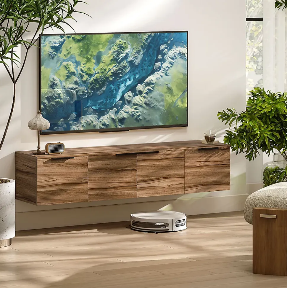 Meuble TV suspendu flottant design effet bois de noyer 4 portes 2 étagères dim. 150 x 35 x 32 cm