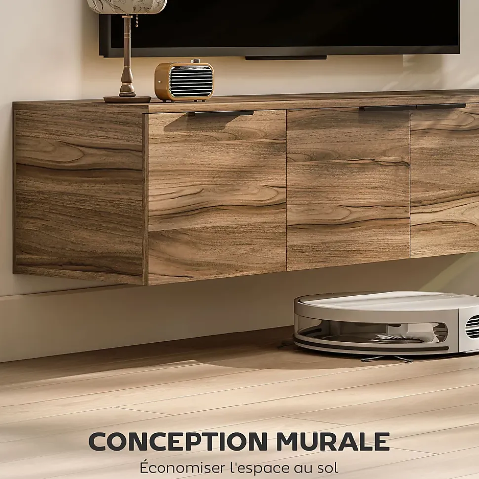Meuble TV suspendu flottant design effet bois de noyer 4 portes 2 étagères dim. 150 x 35 x 32 cm