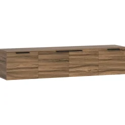 Meuble TV suspendu flottant design effet bois de noyer 4 portes 2 étagères dim. 150 x 35 x 32 cm