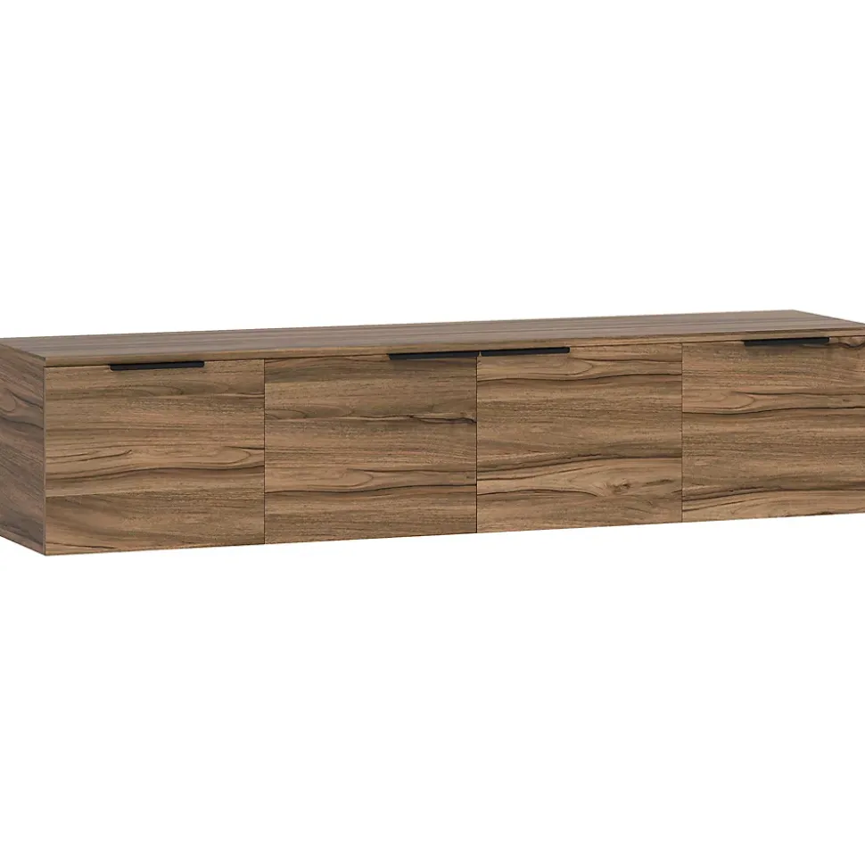 Meuble TV suspendu flottant design effet bois de noyer 4 portes 2 étagères dim. 150 x 35 x 32 cm