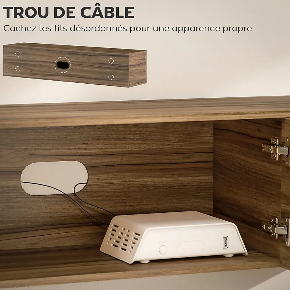Meuble TV suspendu flottant design effet bois de noyer 4 portes 2 étagères dim. 150 x 35 x 32 cm