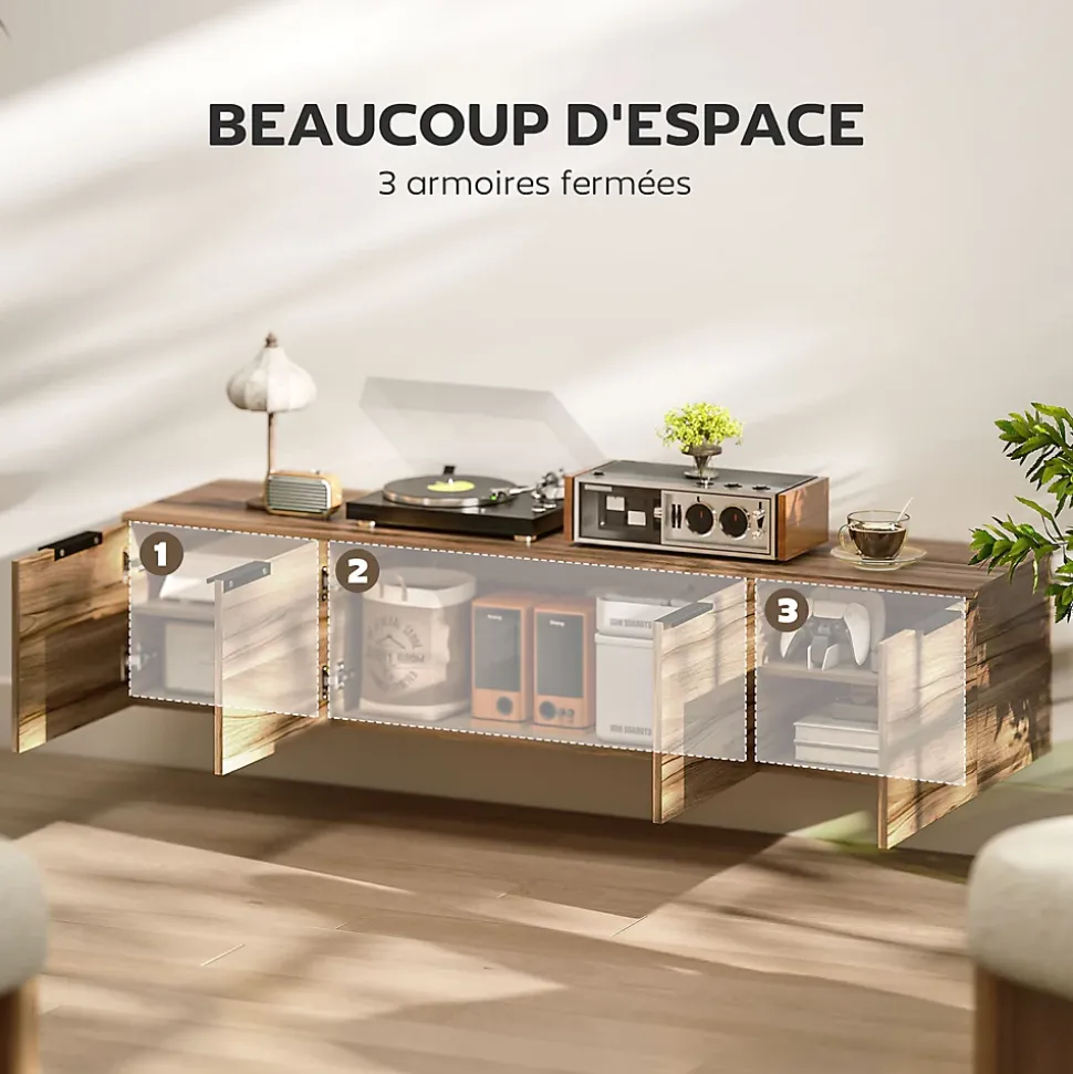 Meuble TV suspendu flottant design effet bois de noyer 4 portes 2 étagères dim. 150 x 35 x 32 cm