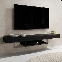 Meuble TV suspendu industriel - Noir mat - Mélamine - 150x29,6x22 cm
