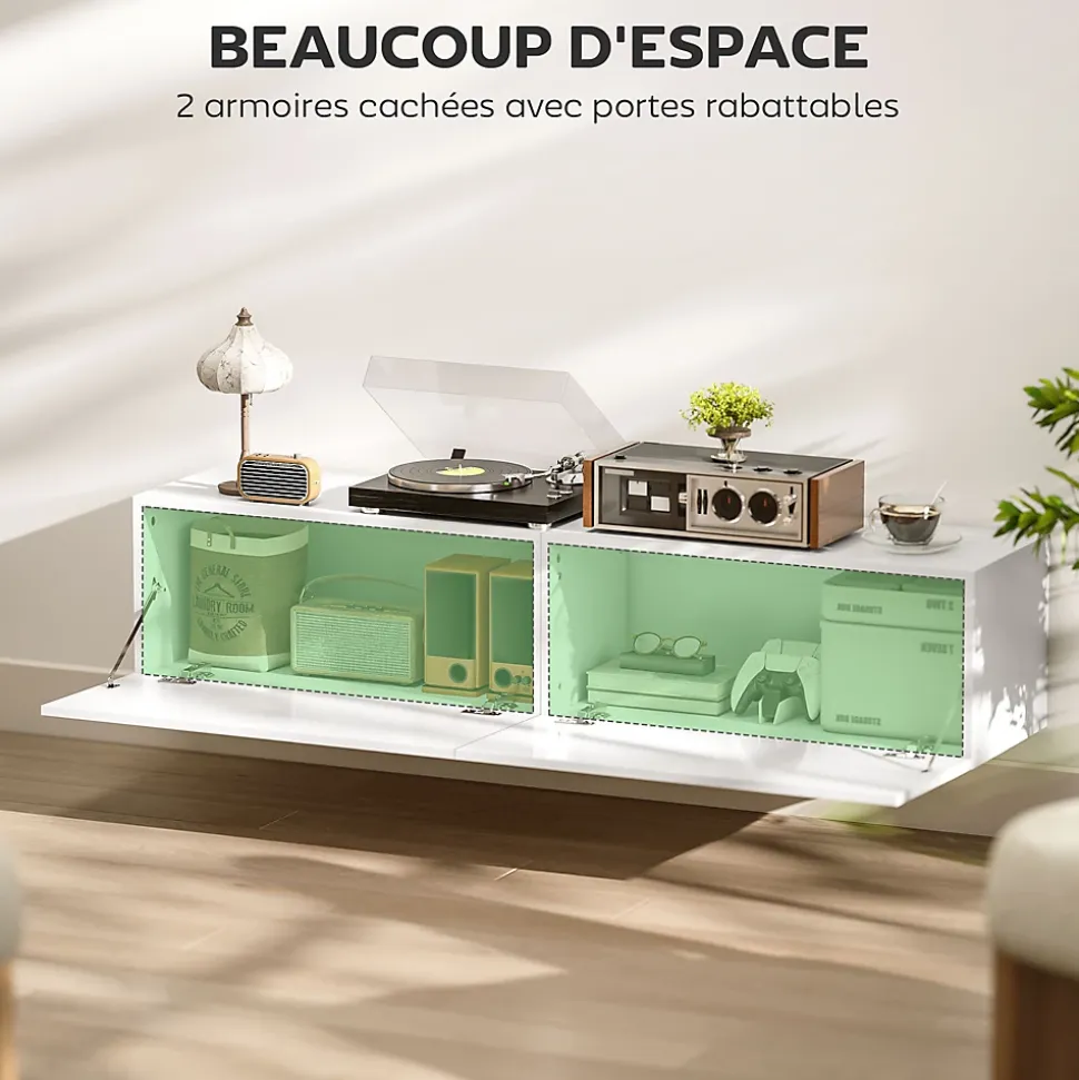 Meuble TV suspendu meuble TV flottant design façade blanc laqué 2 portes