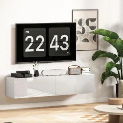 Meuble TV suspendu meuble TV flottant design façade blanc laqué 2 portes