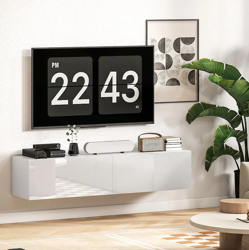 Meuble TV suspendu meuble TV flottant design façade blanc laqué 2 portes