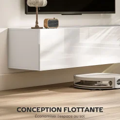 Meuble TV suspendu meuble TV flottant design façade blanc laqué 2 portes