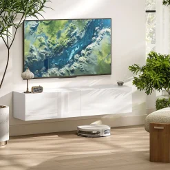 Meuble TV suspendu meuble TV flottant design façade blanc laqué 2 portes