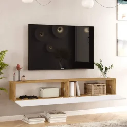 Meuble TV suspendu Rebecca Mobili Jatara 29,5x180x31,5 Panneau de particules Blanc Marron Clair Moderne