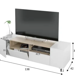 Meuble TV Tania 4 Portes Couleur Blanc et Chêne, 138 cm (Largeur)