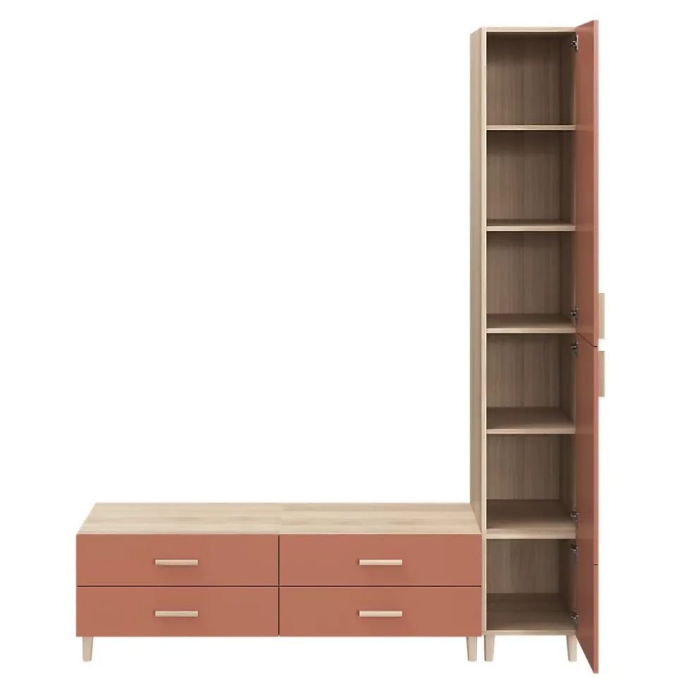 Meuble TV terracotta et effet chêne avec 4 tiroirs et 3 portes GoodHome Atomia H. 225 x L. 187,5 x P. 35 cm
