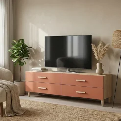 Meuble TV terracotta et effet chêne avec 4 tiroirs GoodHome Atomia H. 37 x L. 150 x P. 45 cm