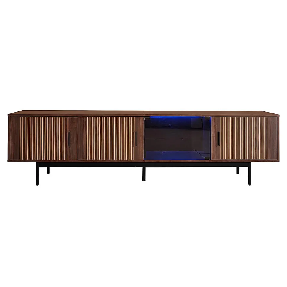 Meuble TV texture sculptée bandeau LED porte verre trempé meuble bas moderne