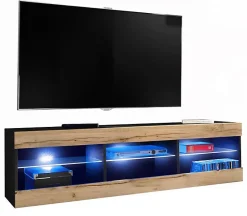 Meuble TV Tivoli RTV Komodee - LED Bleues - Bois naturel et Noir - Facades en Mat - 140 x 41 x 35 cm