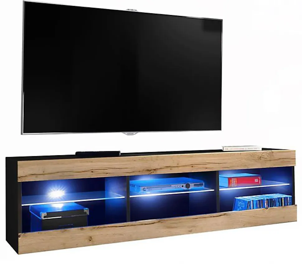 Meuble TV Tivoli RTV Komodee - LED Bleues - Bois naturel et Noir - Facades en Mat - 140 x 41 x 35 cm