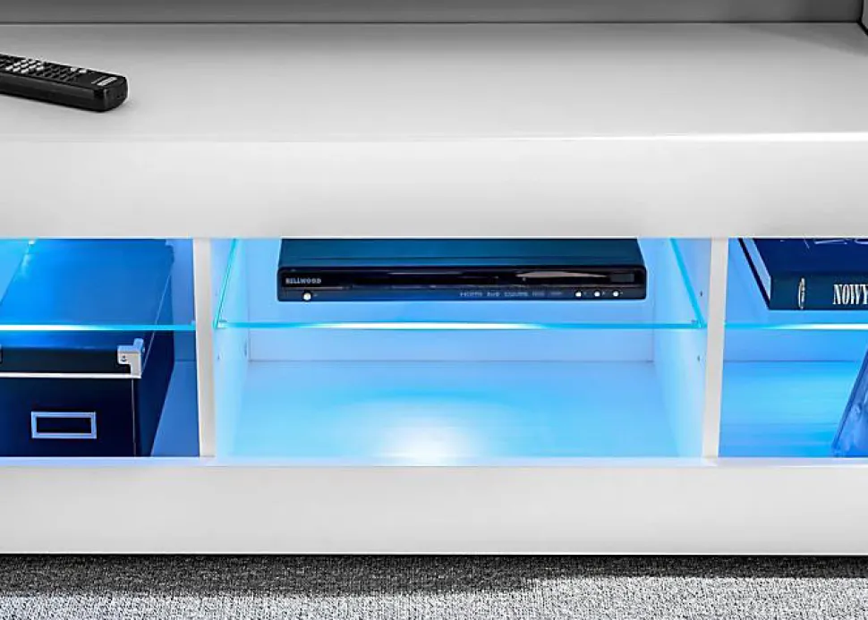 Meuble TV Tivoli RTV Komodee - LED Bleues - Bois naturel et Noir - Facades en Mat - 140 x 41 x 35 cm