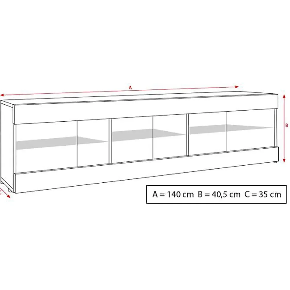 Meuble TV Tivoli RTV Komodee - LED Bleues - Bois naturel et Noir - Facades en Mat - 140 x 41 x 35 cm