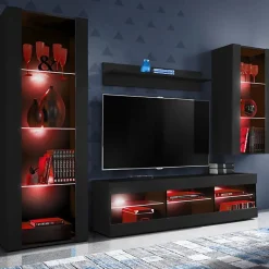Meuble TV Tivoli Set Medio Komodee - LED RGB - Noir Mat et Noir - Facades en Mat - 195 x 159 x 35 cm