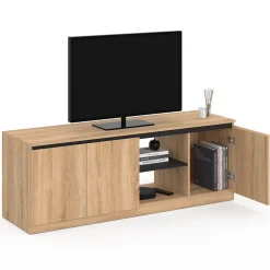 Meuble TV TOMI 3 portes bois façon hêtre et noir 140 cm