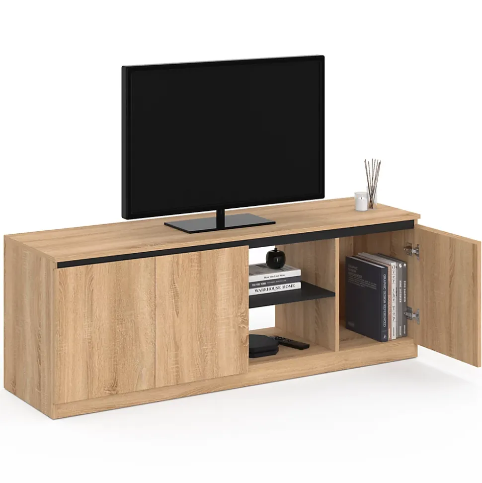 Meuble TV TOMI 3 portes bois façon hêtre et noir 140 cm