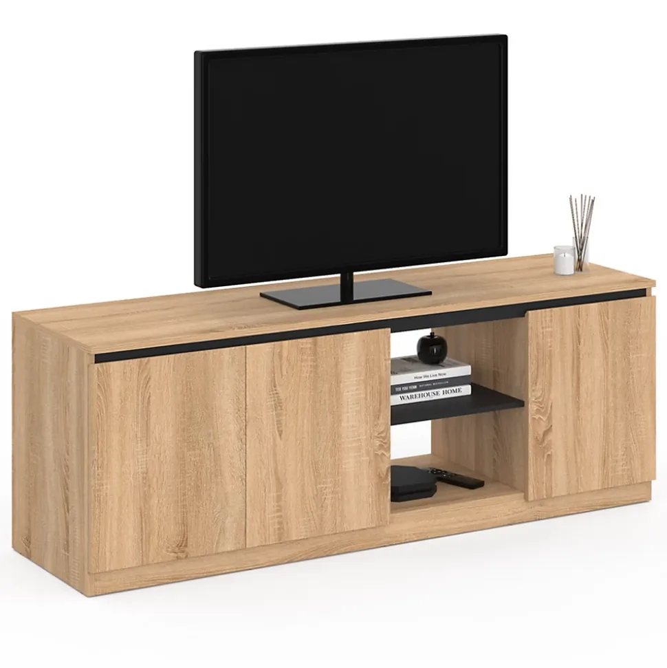 Meuble TV TOMI 3 portes bois façon hêtre et noir 140 cm