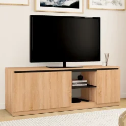 Meuble TV TOMI 3 portes bois façon hêtre et noir 140 cm