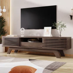 Meuble TV Vintage - Meuble Télé Bas avec 1 Tiroir et 2 Portes, Grande Capacité de Rangement en Bois, Couleur Bois 150x35x44 cm