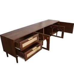 Meuble TV vintage avec LED, 2 Tiroirs, 2 Portes en Verre Cintré et 1 Porte, en Rotin - MDF - 180x40x50 cm - Brun