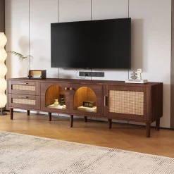 Meuble TV vintage avec LED, 2 Tiroirs, 2 Portes en Verre Cintré et 1 Porte, en Rotin - MDF - 180x40x50 cm - Brun