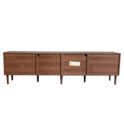 Meuble TV vintage avec LED, 2 Tiroirs, 2 Portes en Verre Cintré et 1 Porte, en Rotin - MDF - 180x40x50 cm - Brun