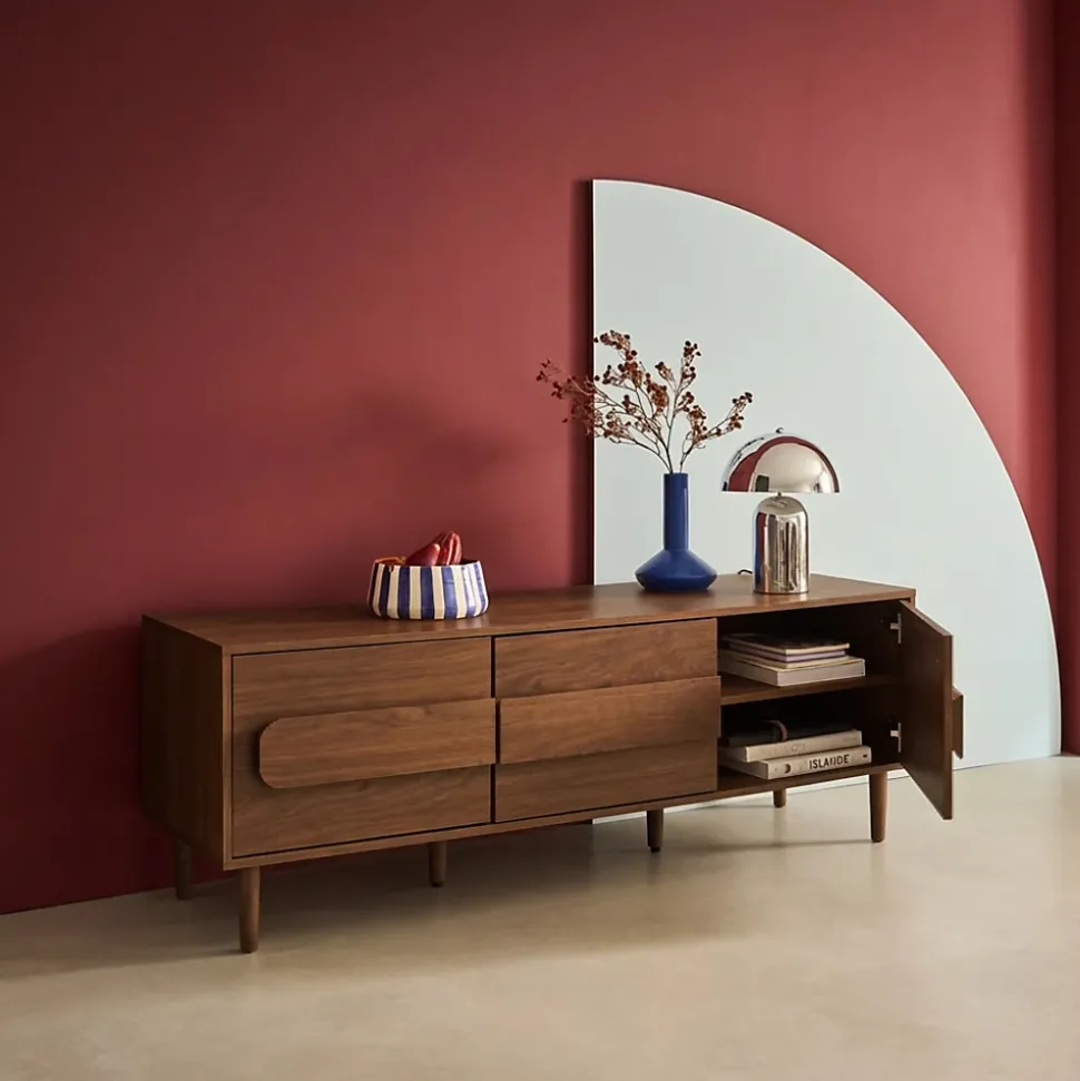 Meuble TV vintage décor bois de noyer 3 portes 150cm - Juliana