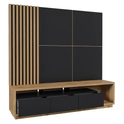 Meuble TV XL avec fond mural décoratif collection CLARA. Couleur chene et noir mat.
