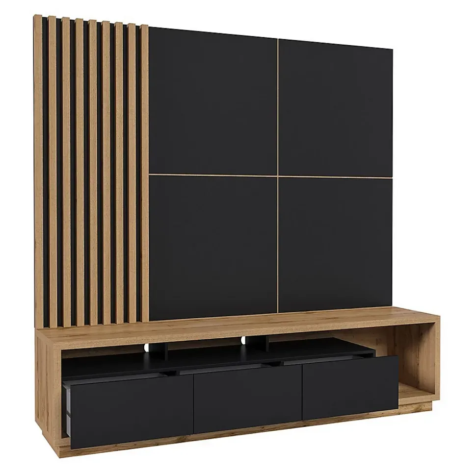 Meuble TV XL avec fond mural décoratif collection CLARA. Couleur chene et noir mat.