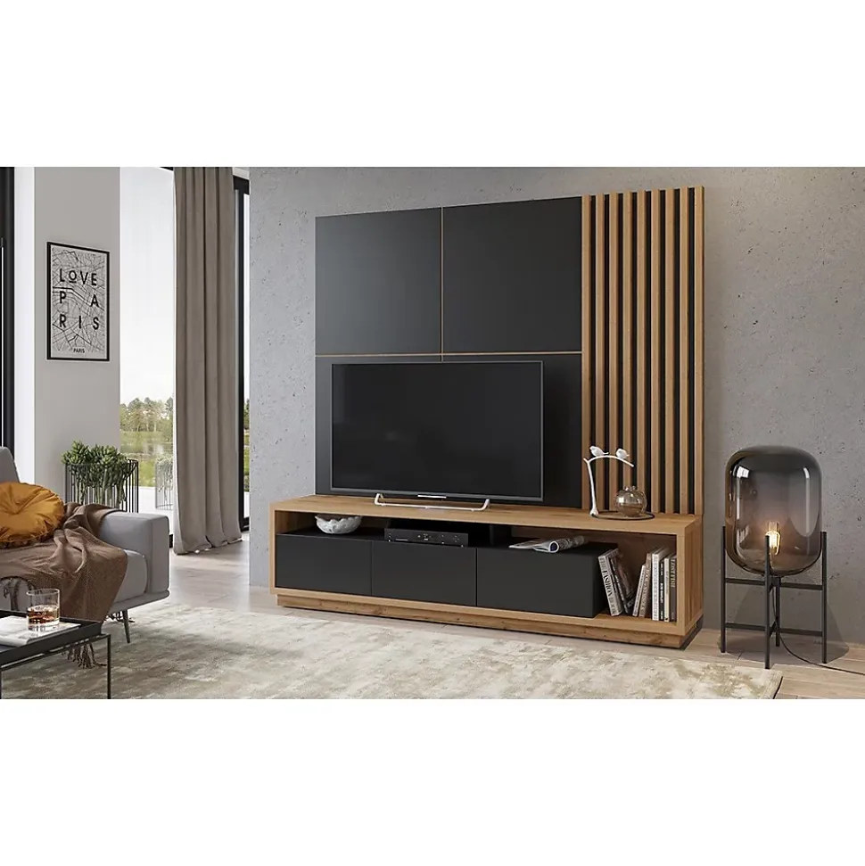 Meuble TV XL avec fond mural décoratif collection CLARA. Couleur chene et noir mat.