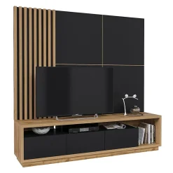 Meuble TV XL avec fond mural décoratif collection CLARA. Couleur chene et noir mat.