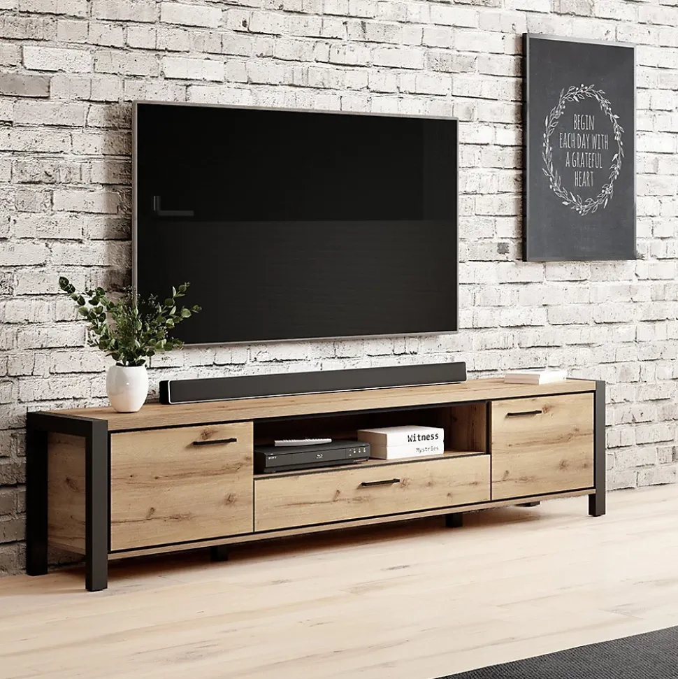 Meuble TV XL 210cm collection TIVORA. Couleur chene et noir. 2 portes et 1 tiroir.