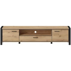 Meuble TV XL 210cm collection TIVORA. Couleur chene et noir. 2 portes et 1 tiroir.