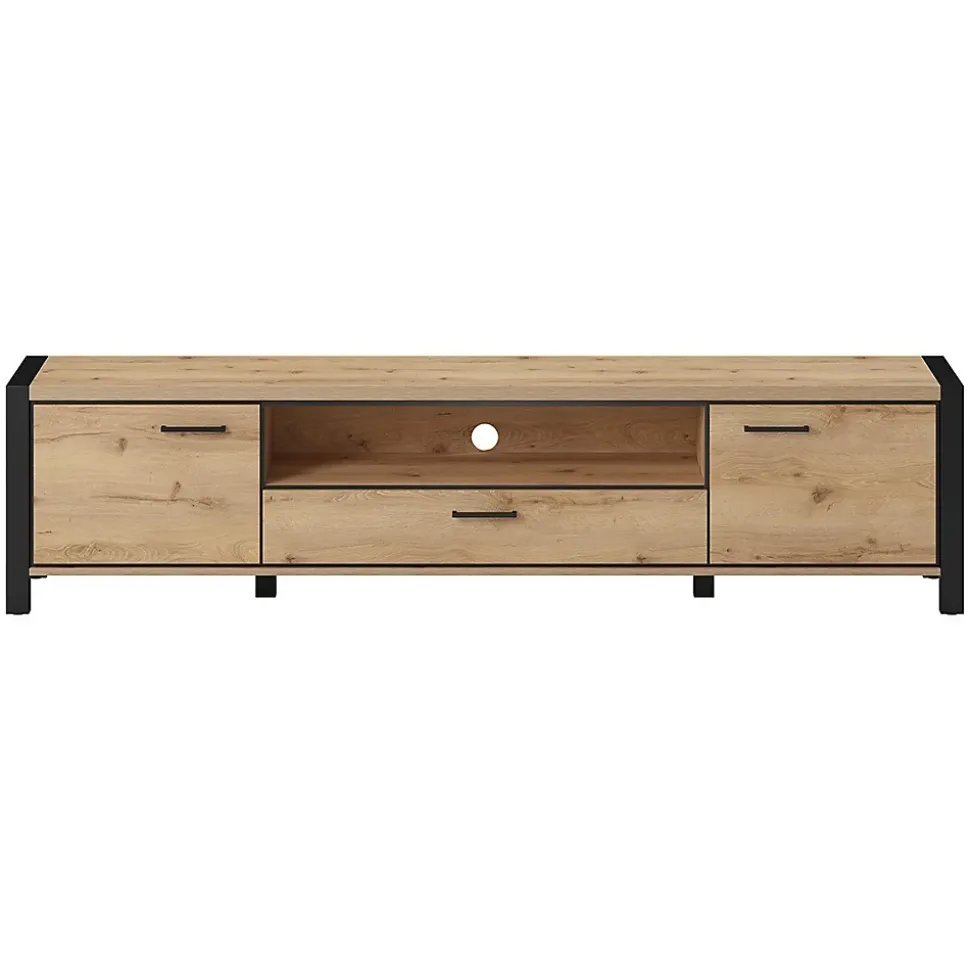 Meuble TV XL 210cm collection TIVORA. Couleur chene et noir. 2 portes et 1 tiroir.