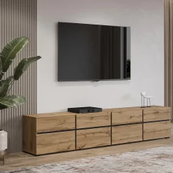 Meuble TV XL coloris chene et noir 225cm collection HAVANA. Meuble design avec 4 portes et 4 tiroirs.