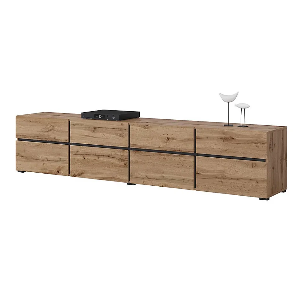 Meuble TV XL coloris chene et noir 225cm collection HAVANA. Meuble design avec 4 portes et 4 tiroirs.