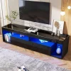 Meuble TV 180x40x46 cm avec LED 16 couleurs et 2 tiroirs, finition laquée noire, plateau verre trempé