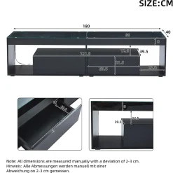Meuble TV 180x40x46 cm avec LED 16 couleurs et 2 tiroirs, finition laquée noire, plateau verre trempé
